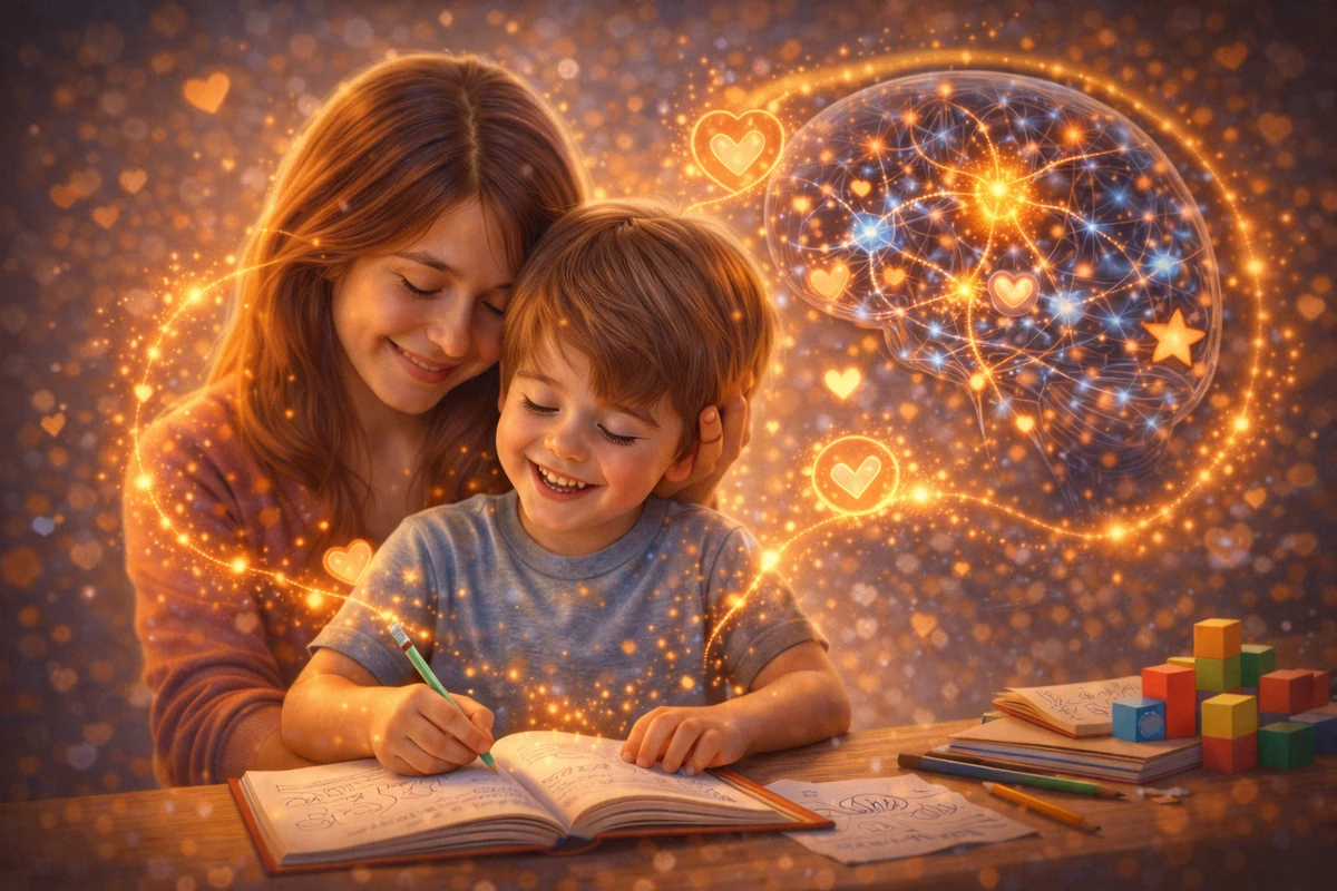 Mãe e filho aprendendo juntos, com o cérebro se iluminando pela emoção e pelo afeto